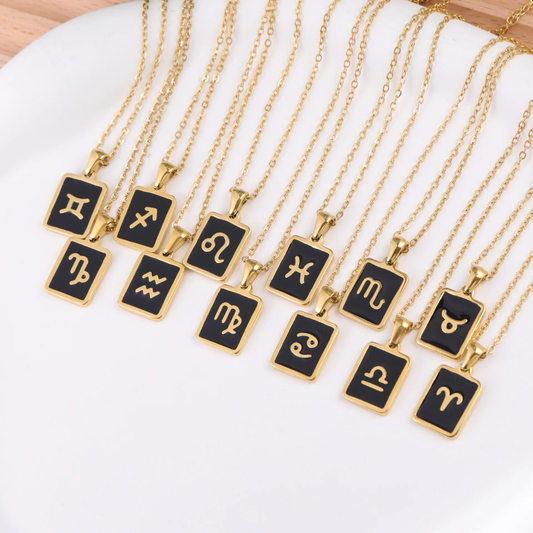 18k gold-plated stainless steel, hypoallergenic, waterproof black onyx enamel zodiac pendant necklaces