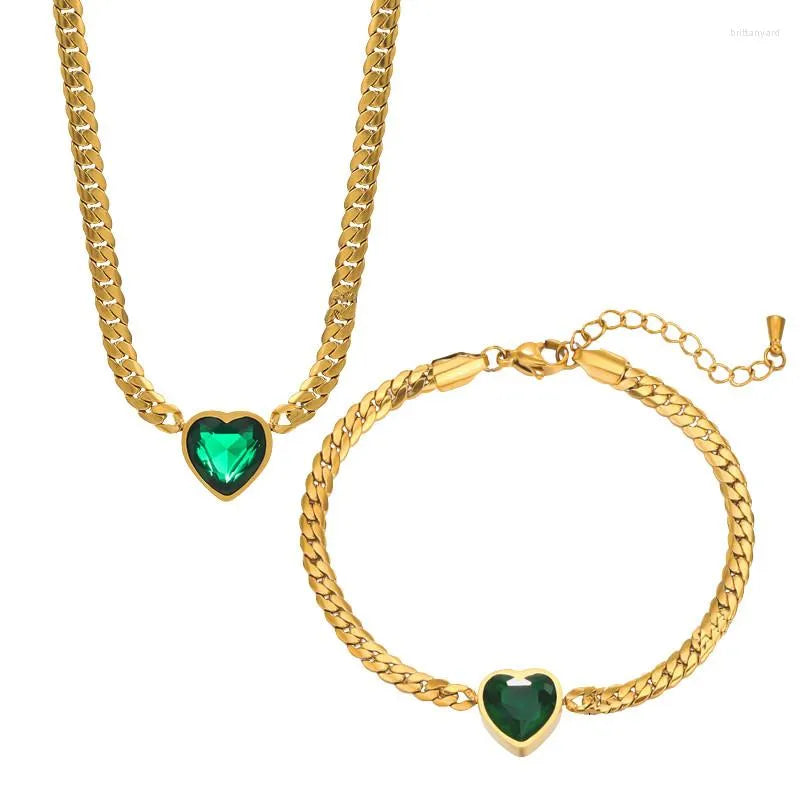 TISA Viper's Heart Luxe Set – 18k gold-plated stainless-steel necklace and bracelet with emerald natural stone.