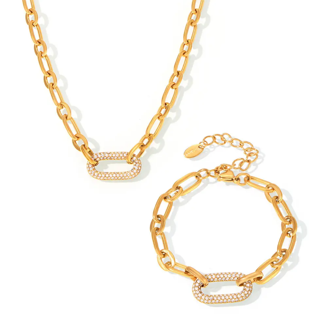 TISA Dominion Chain Luxe Set – zircon-studded 18k gold-plated stainless-steel waterproof non-tarnish necklace set