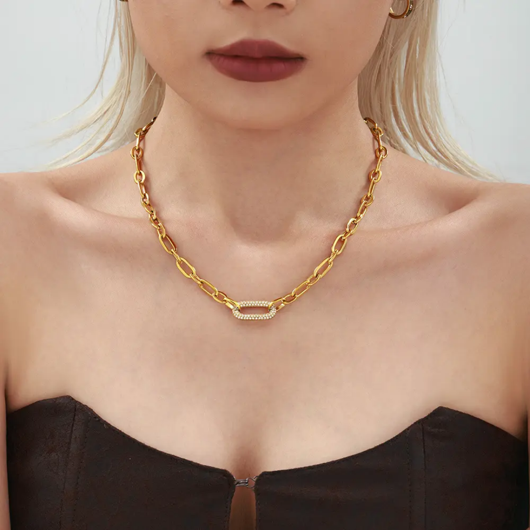 Model wearing TISA Dominion Chain Luxe Set – elegant 18k gold plated waterproof stainless-steel necklace set with zircon accents