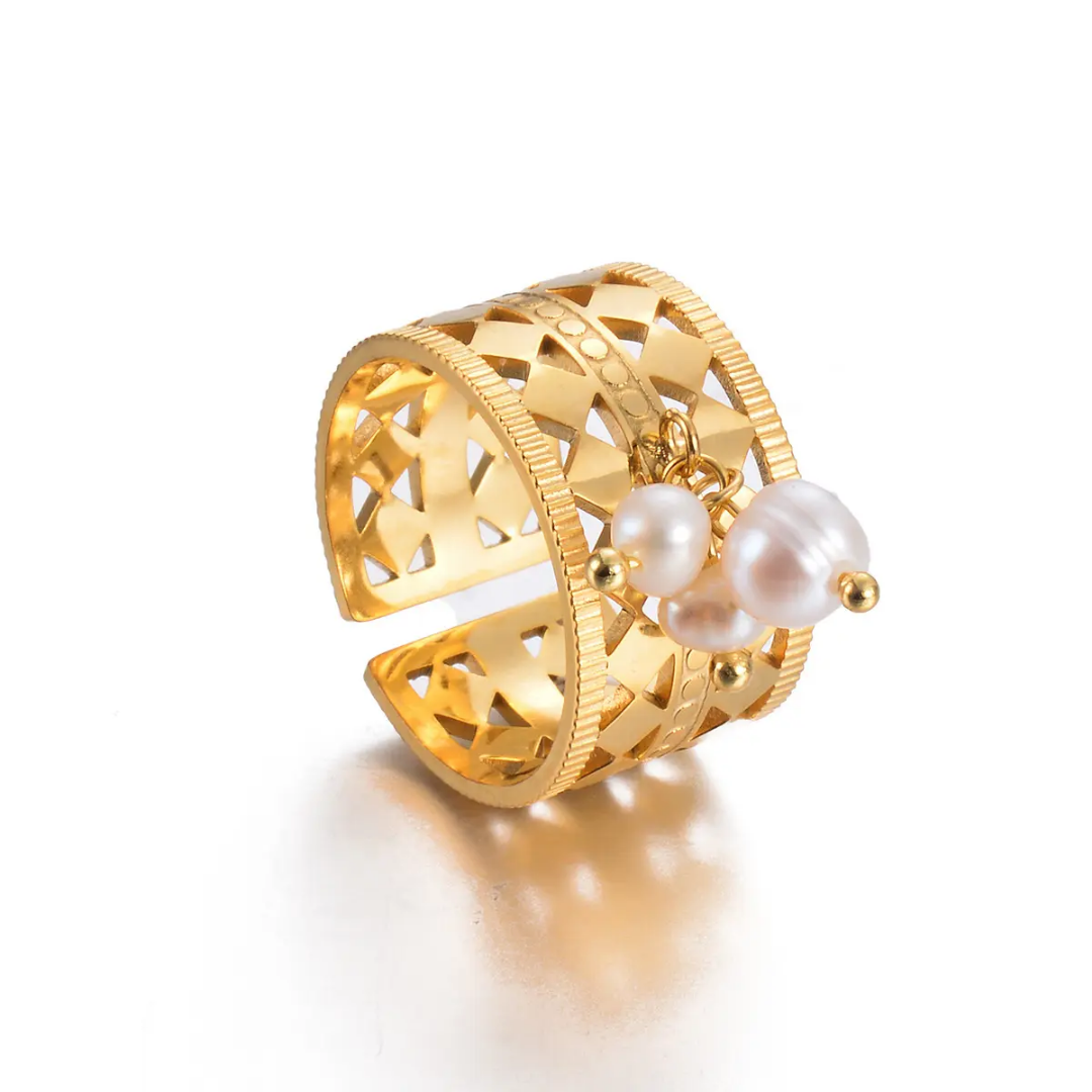 TISA Three Pearl Royal Ring – abstract 18k gold-plated stainless-steel waterproof non-tarnish hypoallergenic ring with pearl accents.