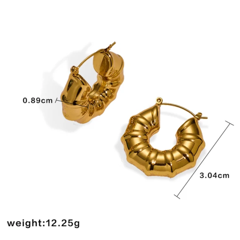 Gold-toned textured hoop earrings shown on a white background with overlaid dimensions.