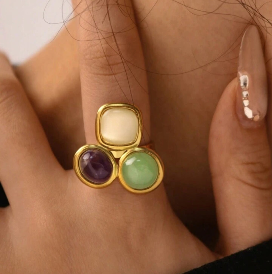 Model styling TISA’s Terra Multi-Stone Open Ring – elegant waterproof open ring with natural stones in non-tarnish 18k gold plated stainless steel.