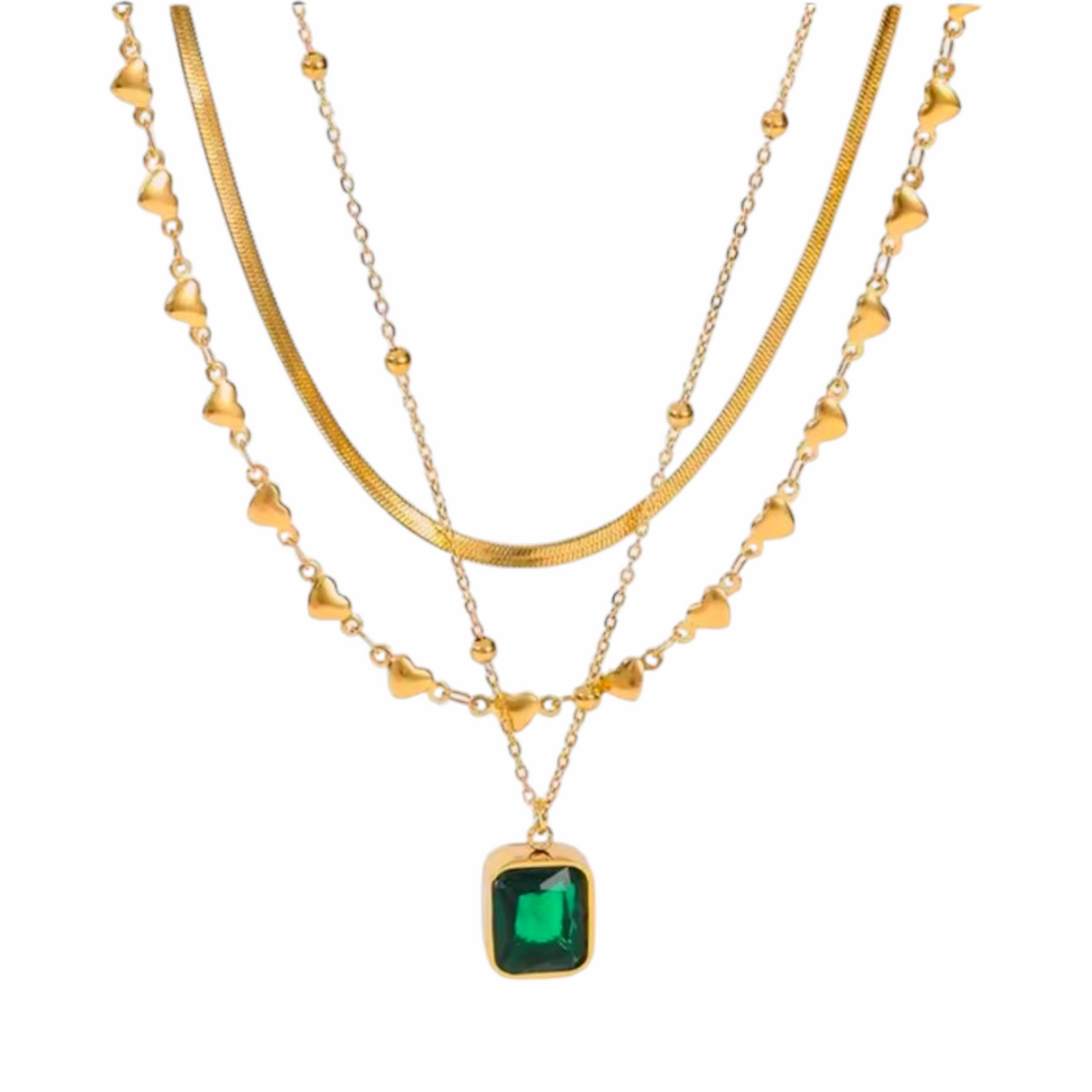 TISA Emerald Multi-Layered Necklace – 18K gold-plated triple layer waterproof necklace with green, emerald pendant, hypoallergenic and non-tarnish.