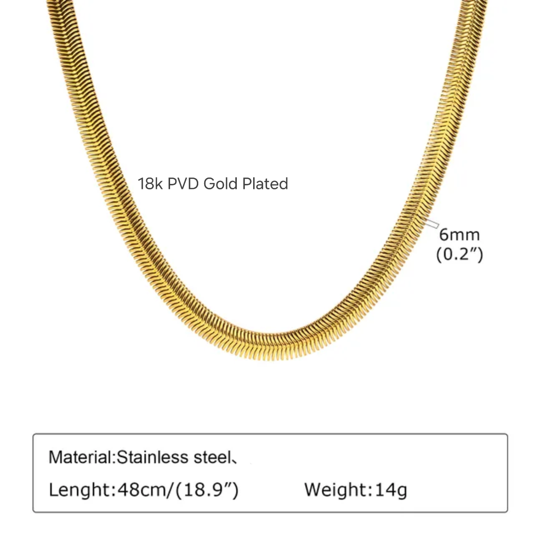 Tisa 18k gold plated snake chain with specifications on a white background