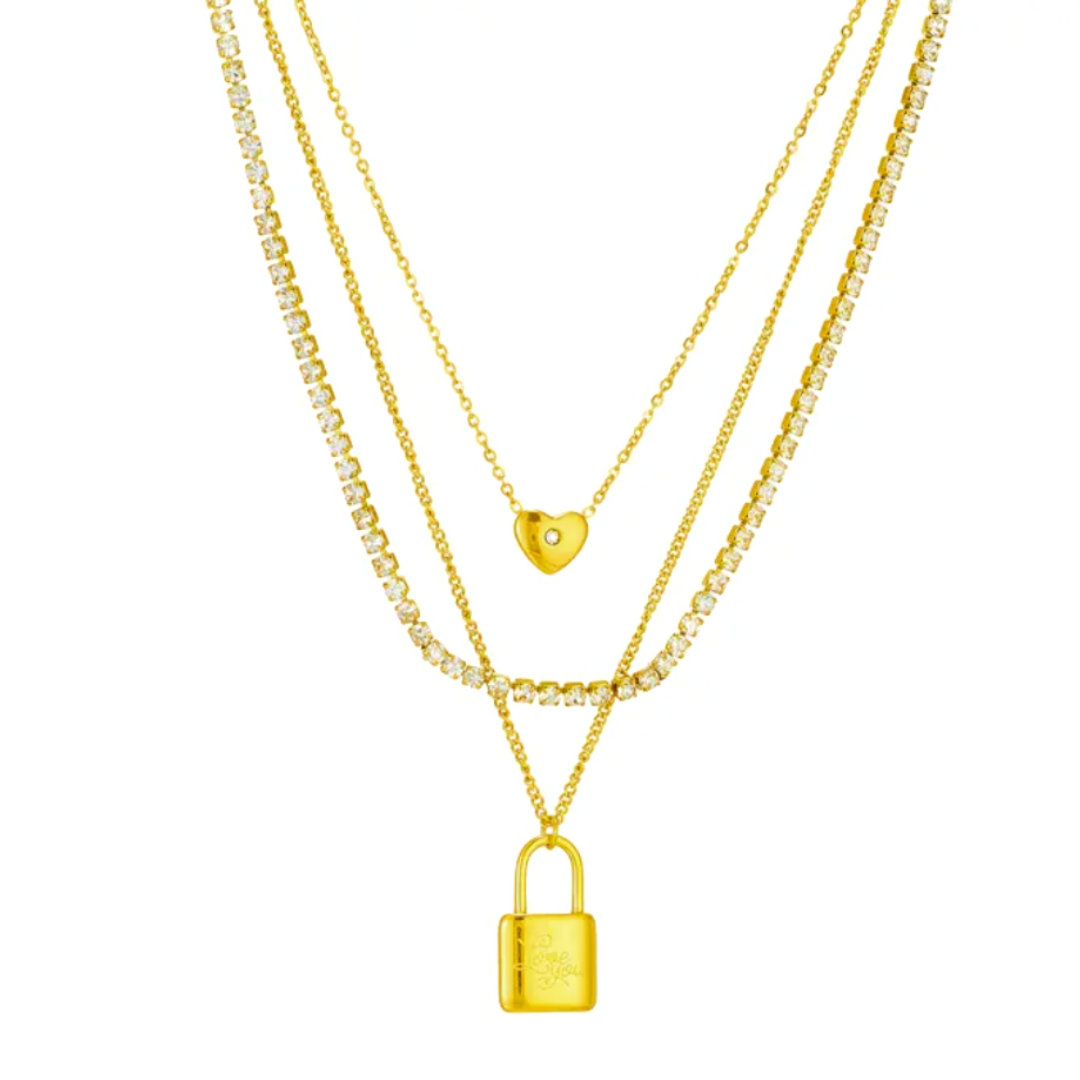 TISA Lustre and Love Necklace – Triple-layered 18K gold-plated stainless-steel necklace with zircon studs and lock pendant, waterproof and hypoallergenic.