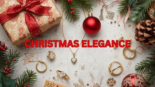 Festive flat lay of gold plated jewelry with Christmas ornaments, pine branches and holiday gift décor.