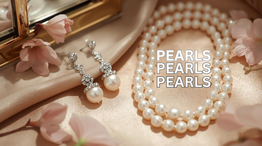 Modern pearl jewelry featuring a pearl necklace and elegant pearl earrings styled on a soft neutral background