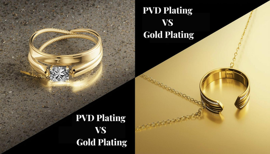 PVD plating vs gold plating jewelry comparison showing the visual difference in shine, durability, and finish between PVD-coated jewelry and traditional gold-plated pieces.