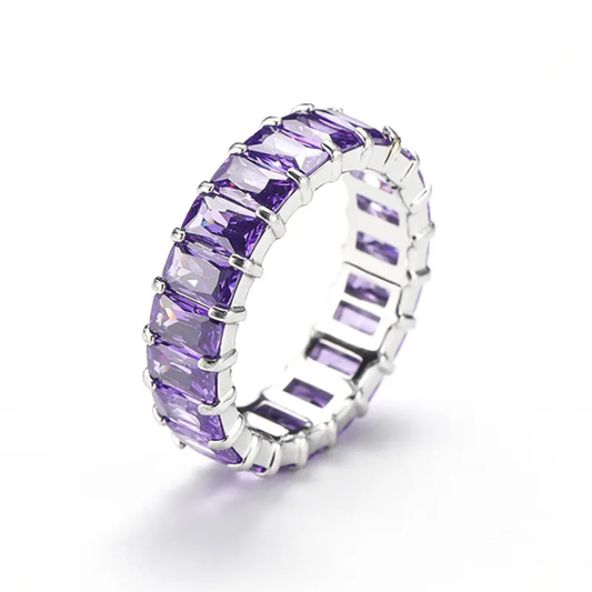 Lilac purple cubic zirconia baguette eternity ring in silver-plated stainless steel, hypoallergenic waterproof anti-tarnish.