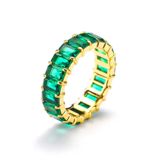 Emerald green cubic zirconia baguette eternity ring in 18K gold-plated stainless steel, hypoallergenic waterproof anti-tarnish.
