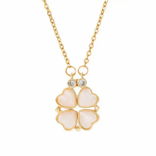 Zircon-studded four-leaf clover necklace with durable 18K gold PVD plating, crafted from anti-tarnish, waterproof stainless steel for lasting elegance.
