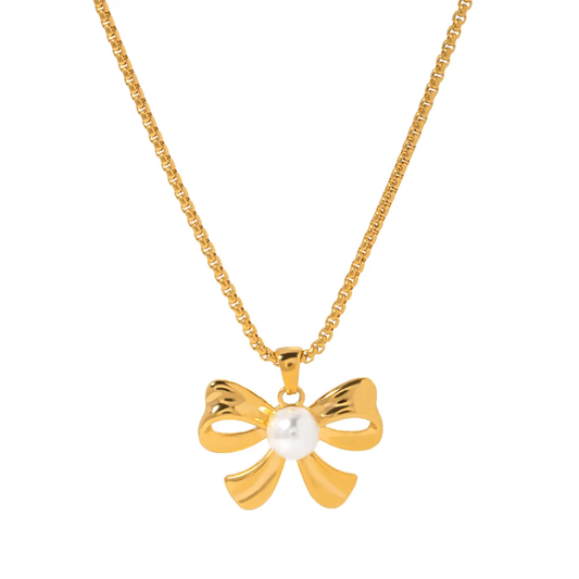 TISA Ribboned pearl pendant necklace – 18k gold-plated stainless steel bow design with pearl, waterproof, hypoallergenic, non-tarnish