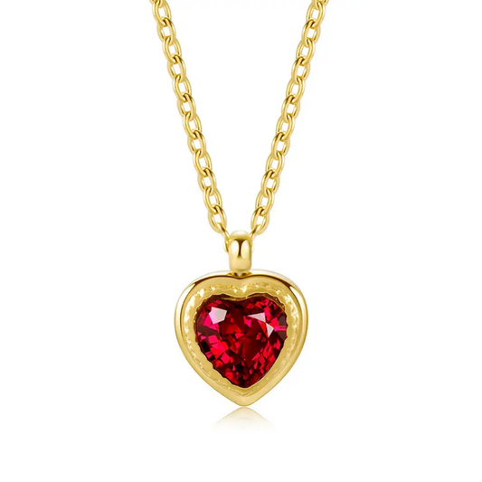 TISA Rouge Pendant Necklace – 18k gold-plated stainless-steel necklace with heart-shaped garnet stone and studded charm