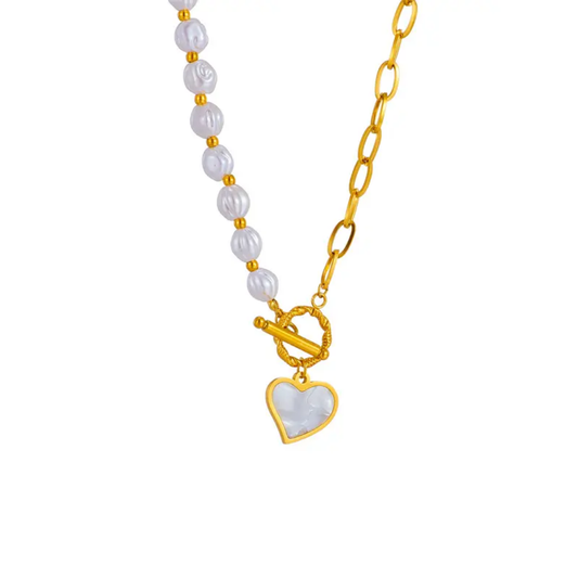 TISA Pearl Beaded Necklace – 18k gold-plated stainless-steel necklace with pearl beads and heart charm waterproof non-tarnish and hypoallergenic