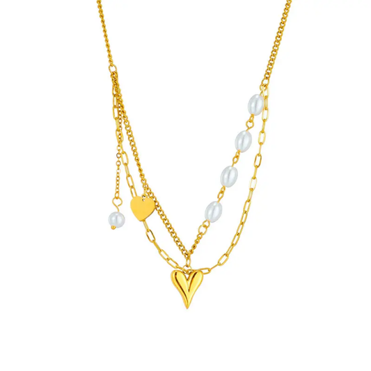 TISA Mira Pearl Love Necklace – 18K gold-plated waterproof heart pendant necklace with pearl chain, hypoallergenic and tarnish-free.
