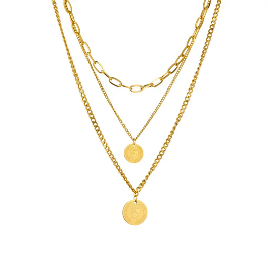 TISA Vault Layered Gold Necklace – 18K gold-plated stainless steel triple coin pendant necklace, waterproof, hypoallergenic, and non-tarnish.