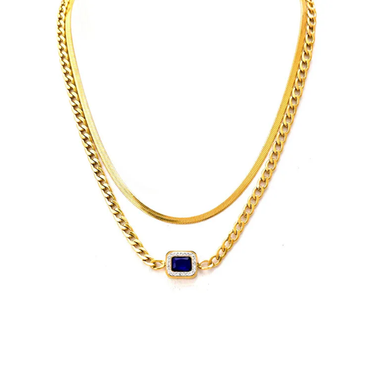 TISA Midnight Gemstone Necklace – double layered 18K gold-plated stainless-steel Cuban chain necklace with black natural gemstone stud, waterproof and hypoallergenic.