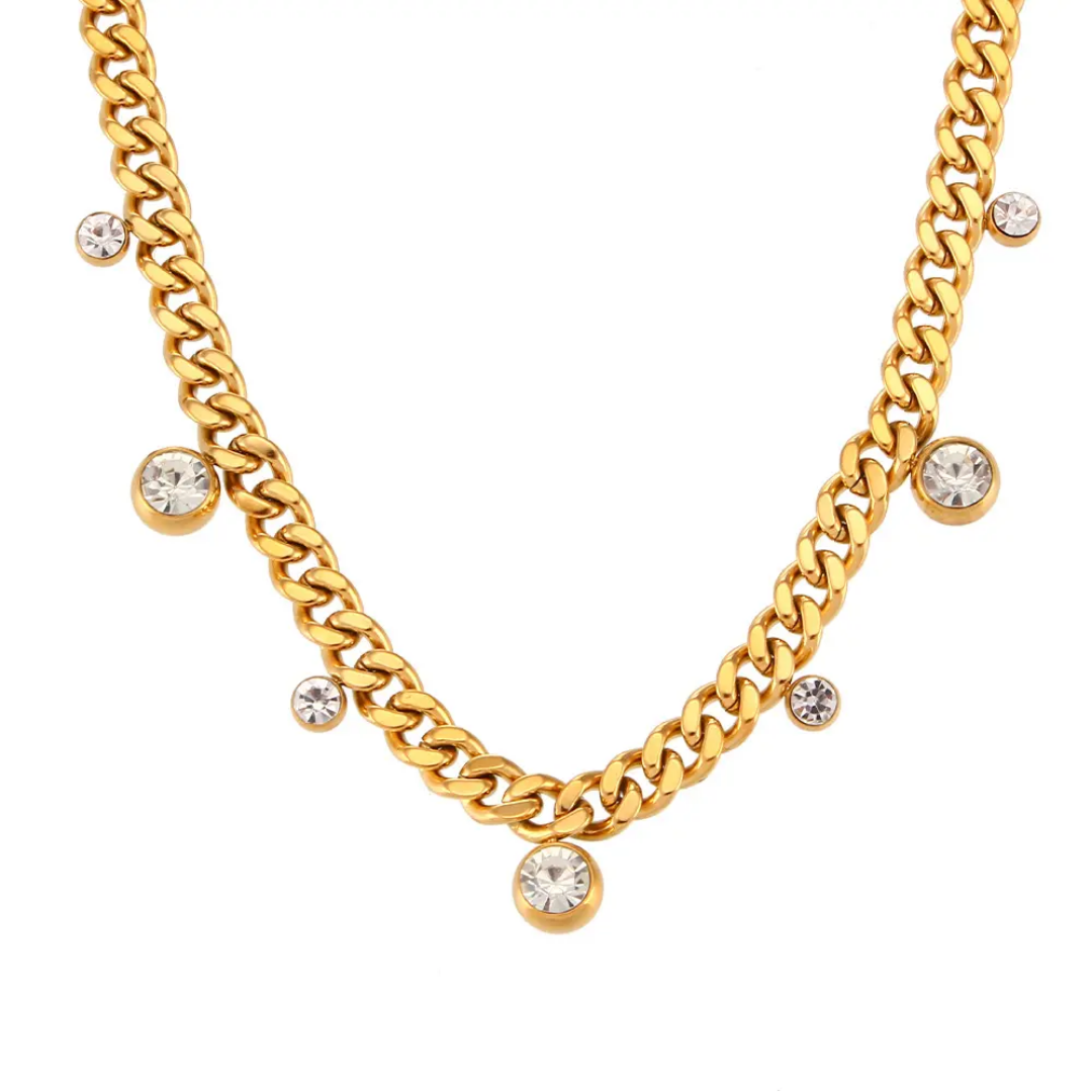 TISA Zircon Charm Statement Necklace – 18K gold-plated Cuban chain with sparkling zircon charms, waterproof and hypoallergenic jewelry.
