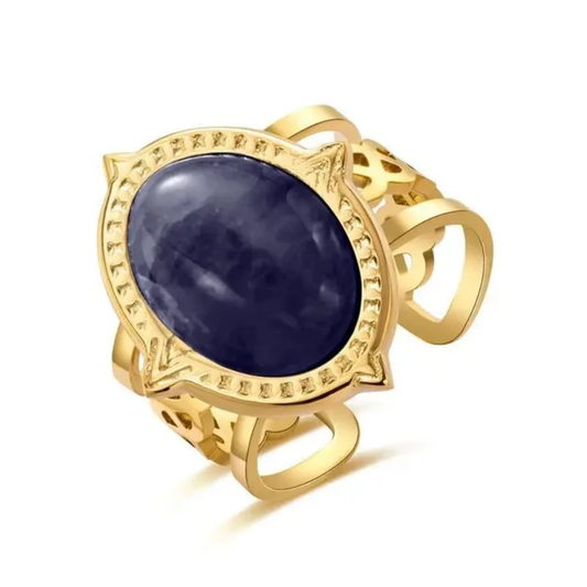 Lapis Lazuli Vintage Ring by TISA – 18K gold-plated stainless steel with deep blue natural gemstone, waterproof, hypoallergenic, and anti-tarnish.