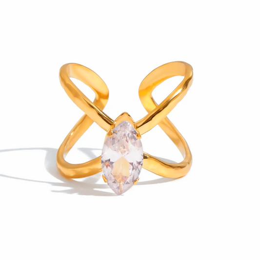 Tisa Ecliptia Geometric Solitaire ring in 18K gold-plated stainless steel with marquise-cut solitaire in a peg-head setting

