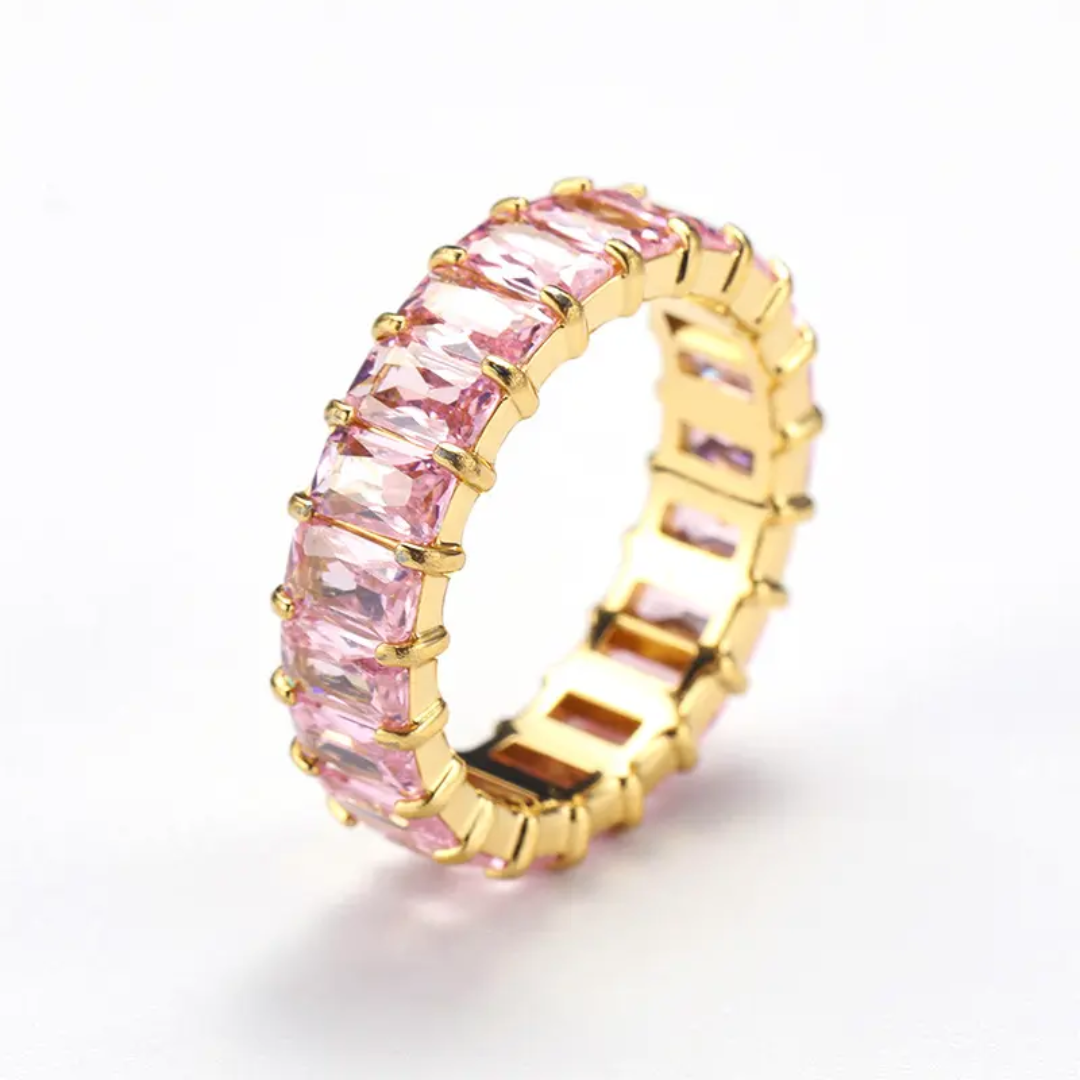 Baby pink cubic zirconia baguette eternity ring in 18K gold-plated stainless steel, hypoallergenic waterproof anti-tarnish.