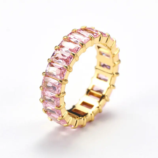 Baby pink cubic zirconia baguette eternity ring in 18K gold-plated stainless steel, hypoallergenic waterproof anti-tarnish.