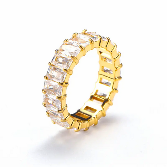 Clear cubic zirconia baguette eternity ring in 18K gold-plated stainless steel, hypoallergenic waterproof anti-tarnish jewelry.