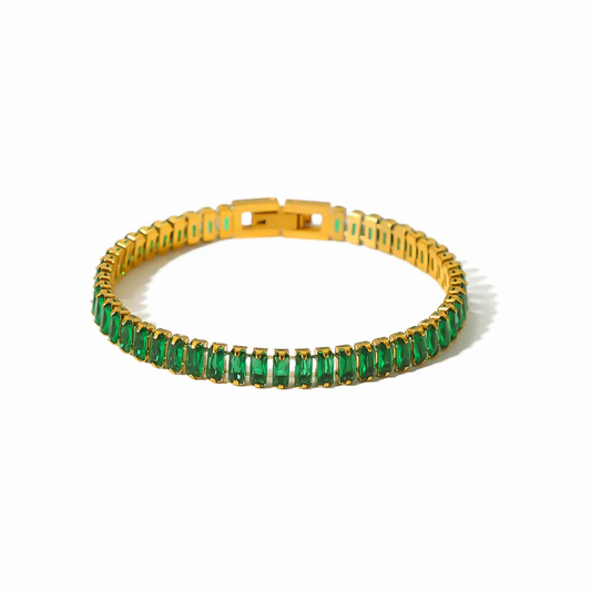 Emerald green cubic zirconia baguette tennis bracelet in 18K gold-plated stainless steel, hypoallergenic waterproof anti-tarnish.
