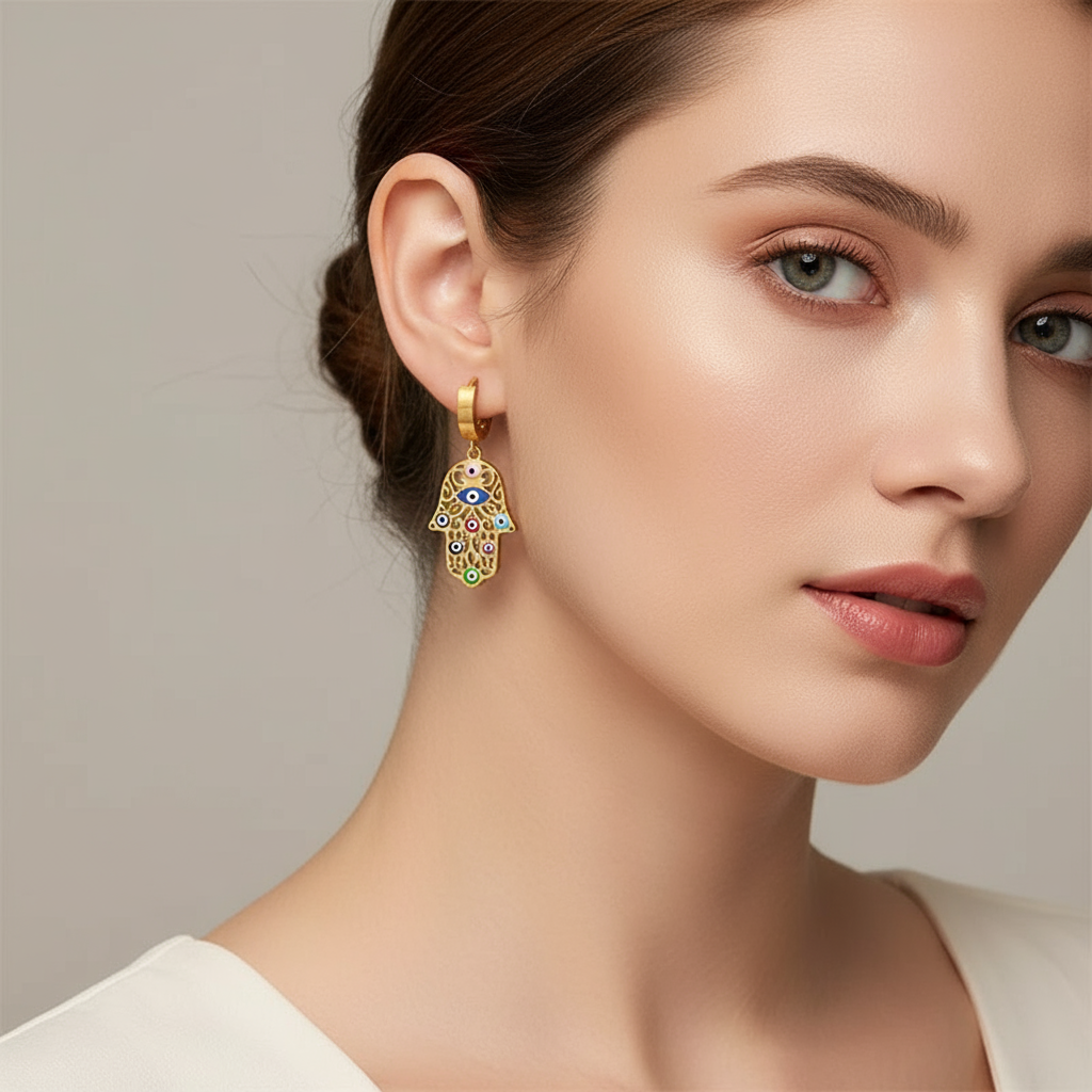 Close-up of a woman wearing a hamsa hand 18k gold plated earring on a neutral background