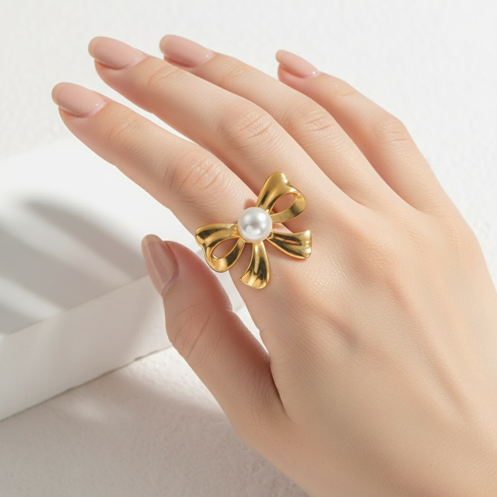 18k Gold plated ring with a pearl on a hand against a light background