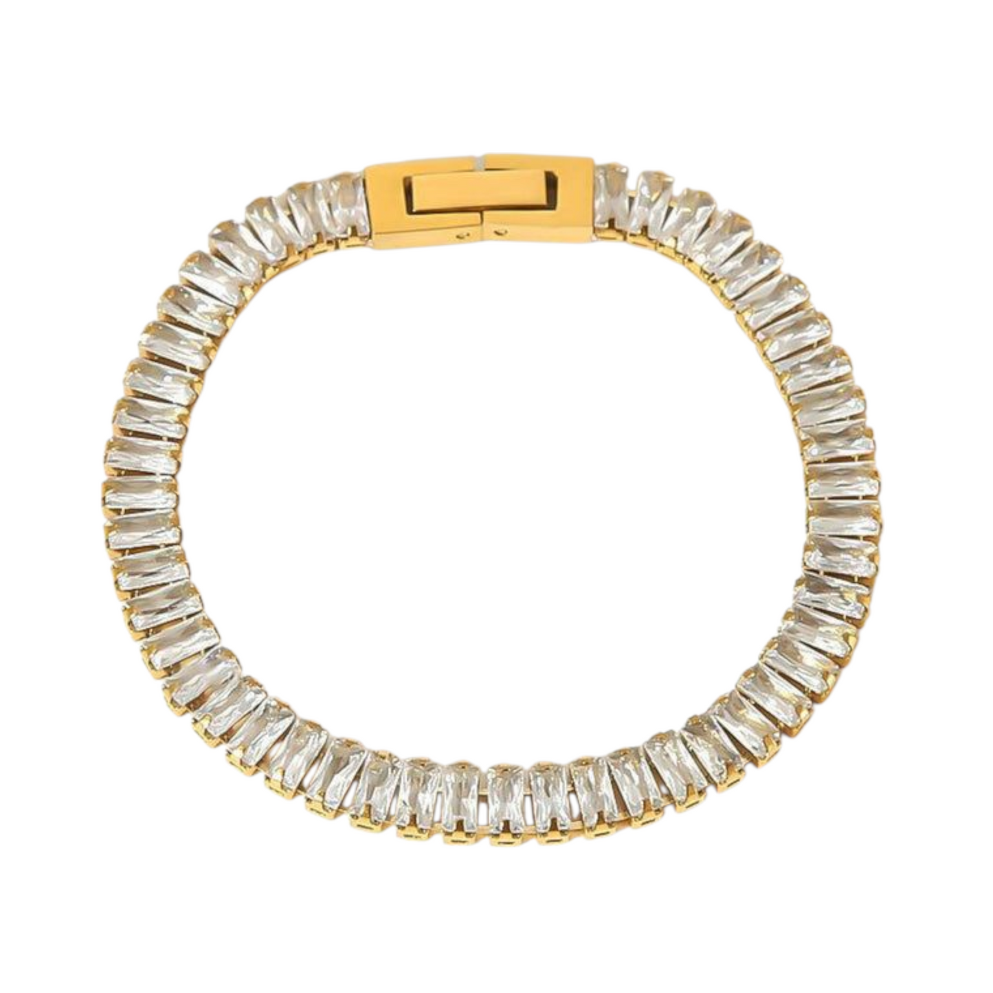 Clear cubic zirconia baguette tennis bracelet in 18K gold-plated stainless steel, hypoallergenic waterproof anti-tarnish.