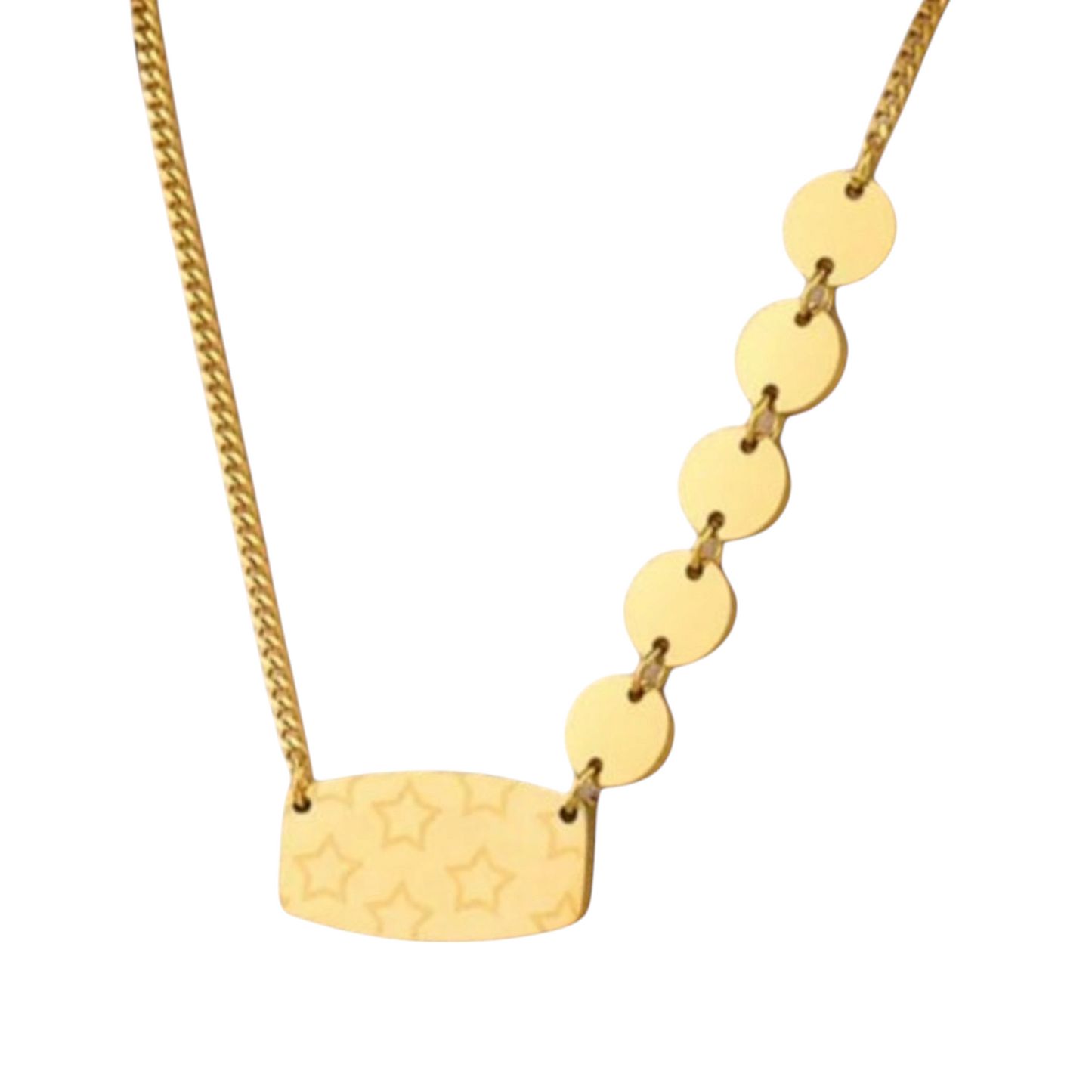 Tisa 18k gold-plated stainless steel necklace with a series of circular charms and a rectangular tag featuring star patterns on a chain.