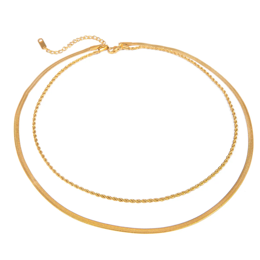 Tisa 18k gold plated dual chain necklaces on a white background