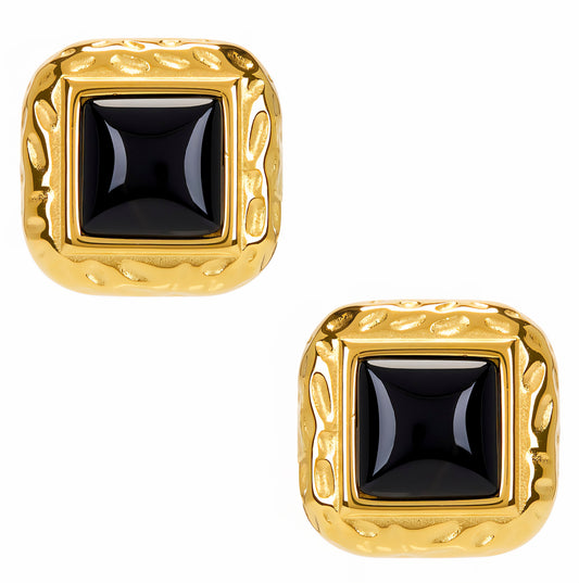 Midnight Black Stud Earrings by TISA – square gold studs with black agate, 18K PVD gold-plated stainless steel, waterproof and hypoallergenic.