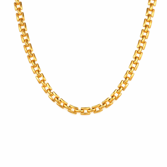 Brick link 18k Gold plated chain necklace on a white background
