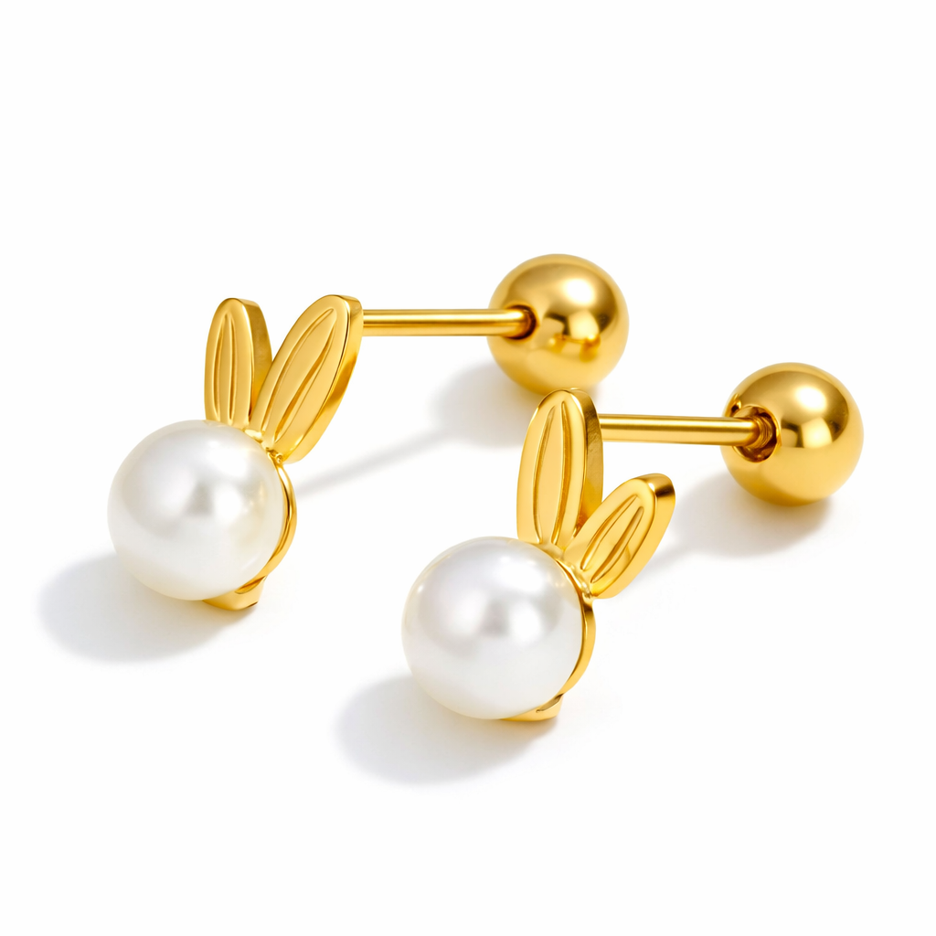 Tisa 18k Gold plated bunny earrings with pearl beads on a white background