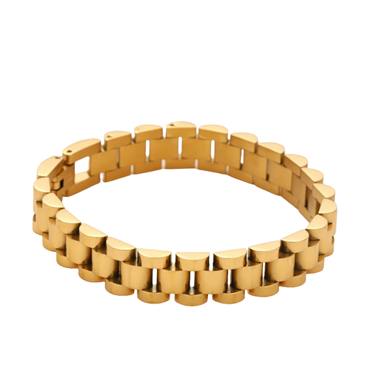 18l gold plated stainless steel watch strap bracelet with a link chain design against a white background. 