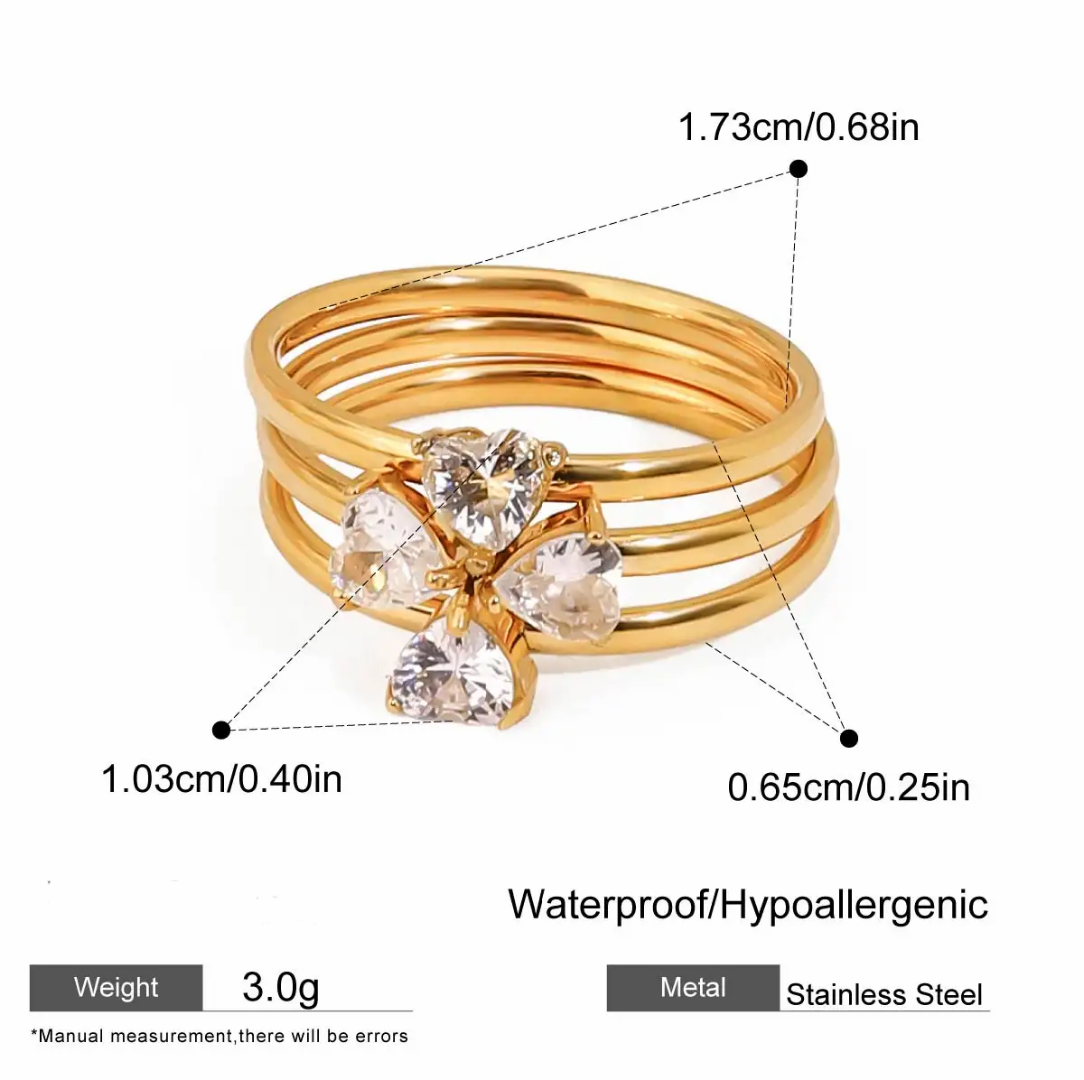 Tisa 3 stack 18k Gold plated ring  set with clear zircon stones and measurements on a white background