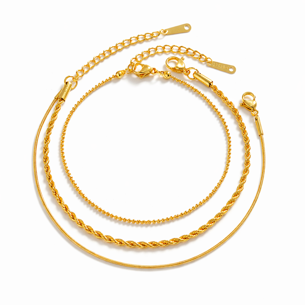 A combo of Three 18k gold plated bracelets on a white background.