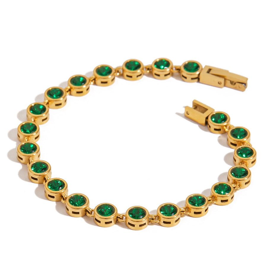 Tisa 18k Gold-plated bracelet with round green gemstones on a white background