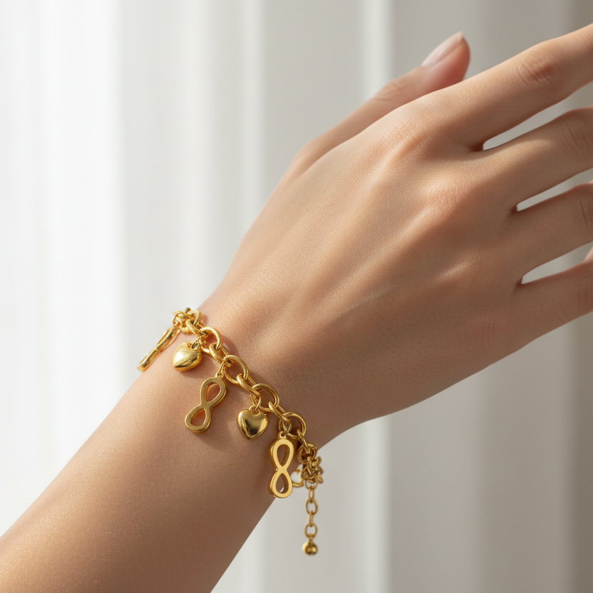 Model wearing Tisa's 18k Gold plated bracelet with heart and infinity symbols on a wrist against a white background