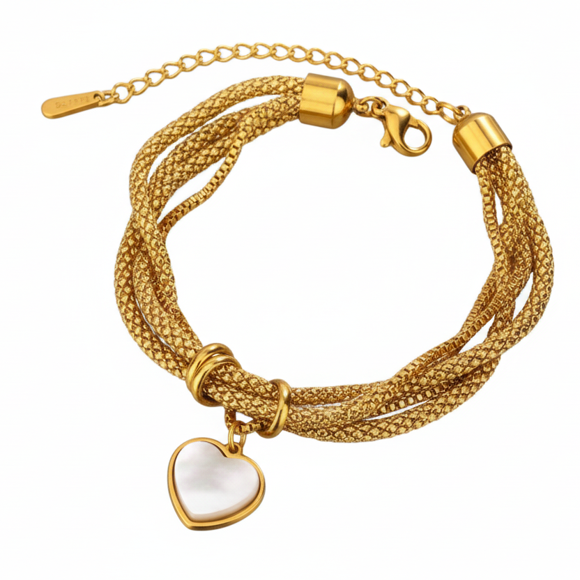 18k Gold plates bracelet with a heart-shaped charm on a white background