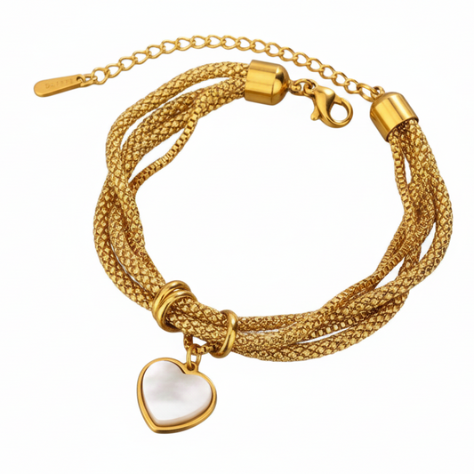 18k Gold plates bracelet with a heart-shaped charm on a white background