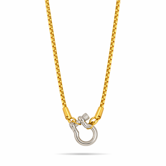 Tisa 18k Gold plated Horseshoe lock necklace with a silver clasp on a white background.