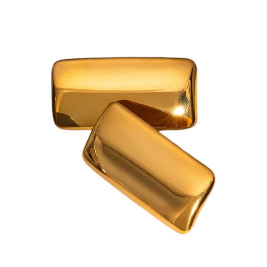 A pair of rectangular stud earrings made with stainless steel and 18k gold plating.