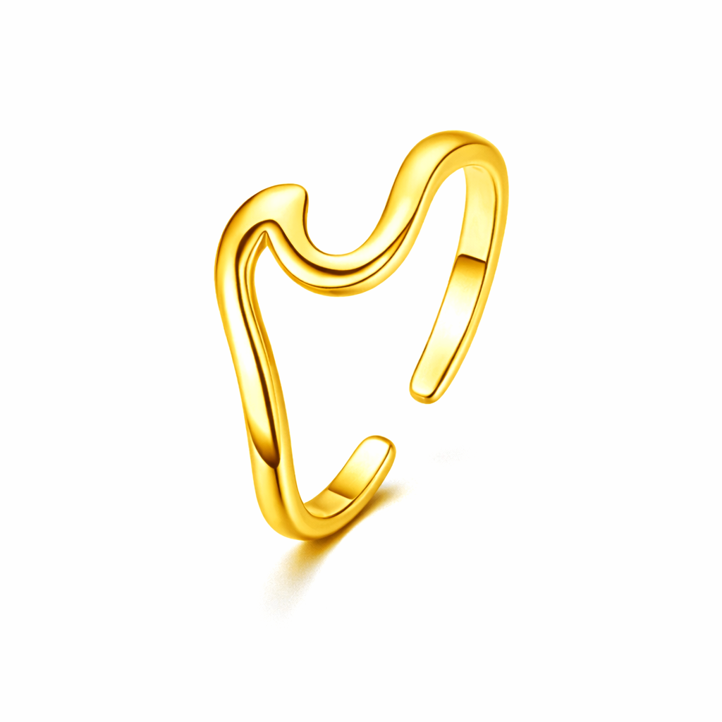 Gold open ring with a wavy design on a white background. 18k gold plated stainless steel.