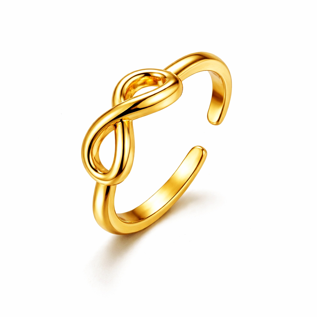 18k gold-plated stainless steel infinity ring on a white background