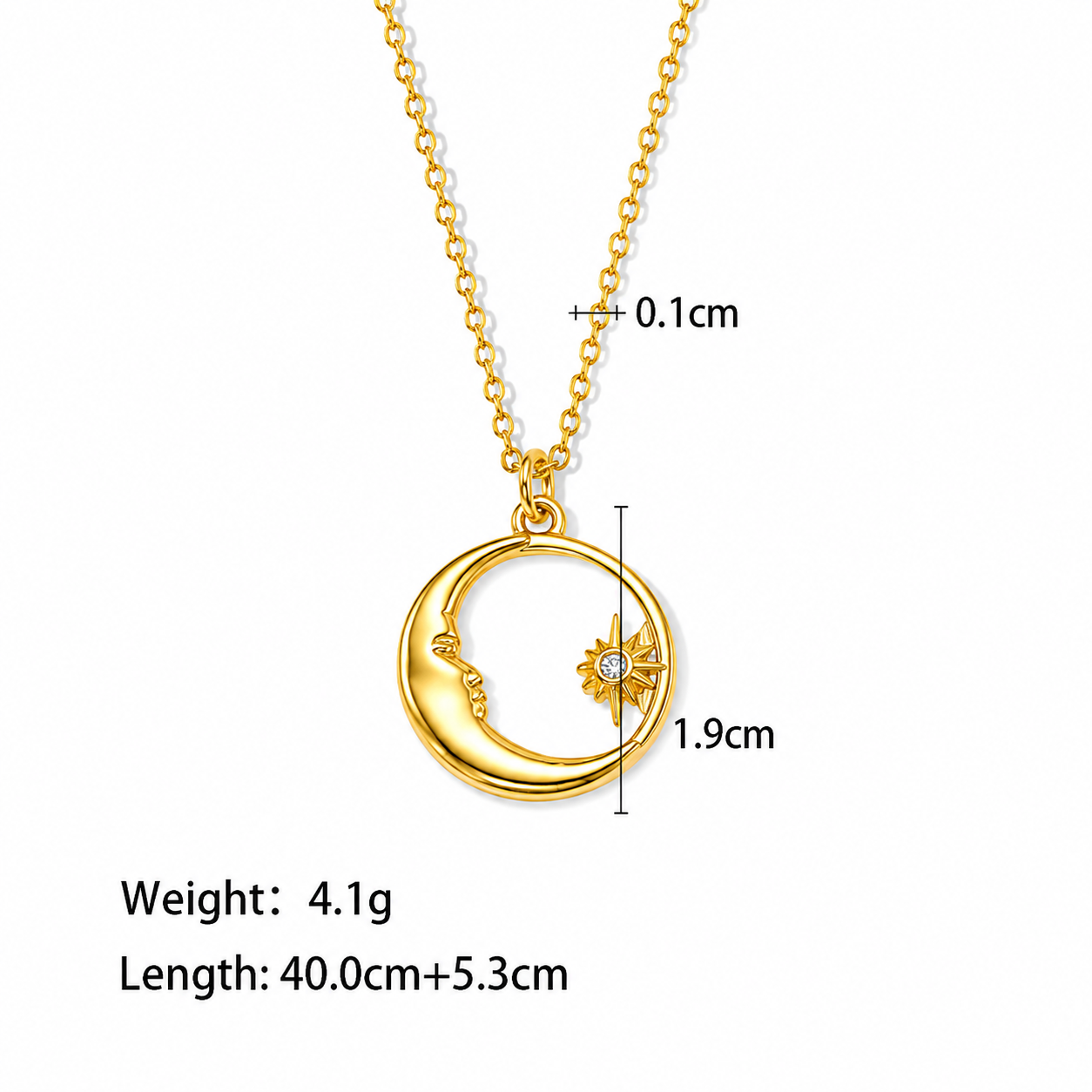 Gold crescent moon and star pendant necklace on a white background with dimension labels (1.9cm, 0.1cm)