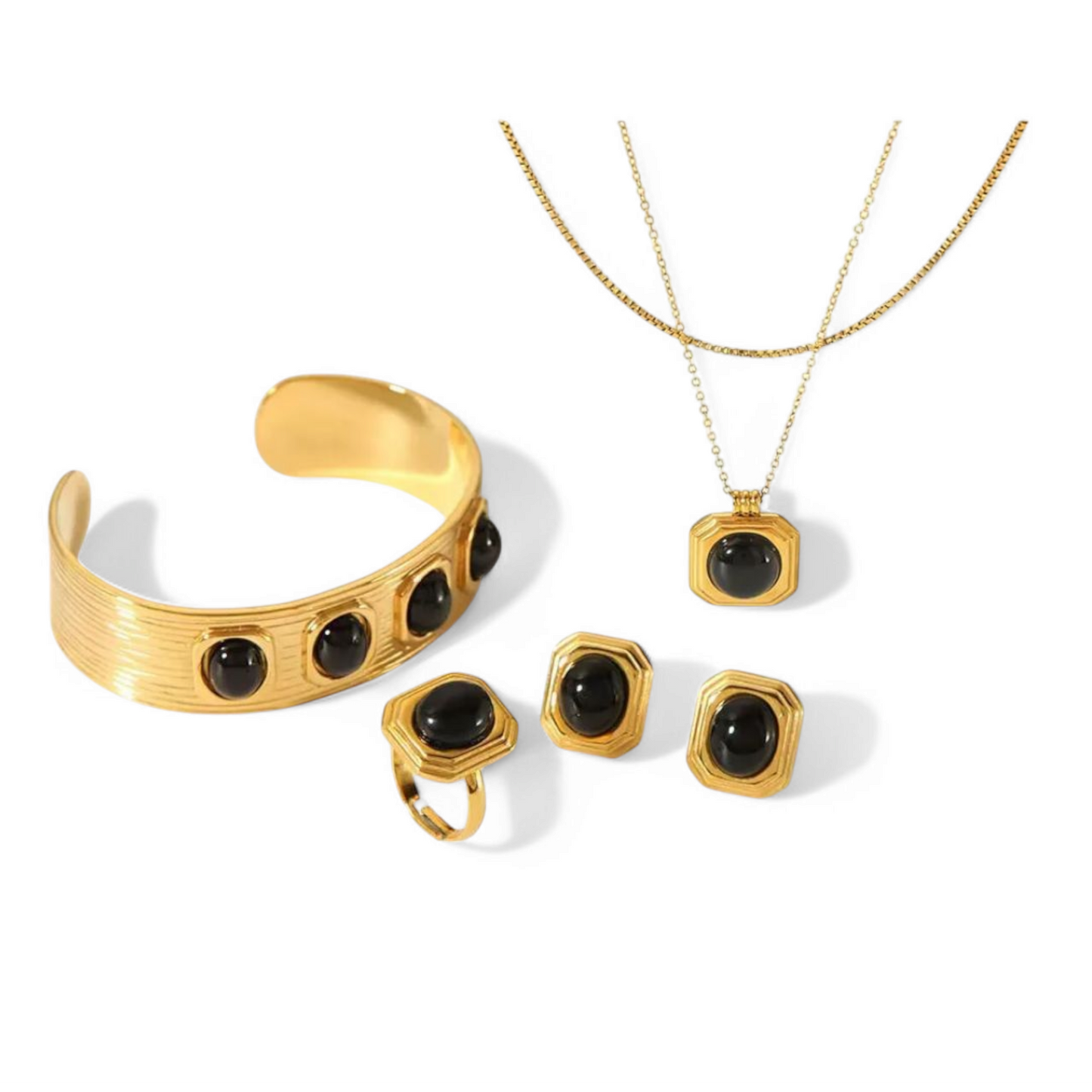 Luxury 18K Gold-Plated Jewelry Set with Black Stone – Ring, Earrings, Double-Layered Chain Necklace, and Cuff Bracelet | Hypoallergenic, Tarnish-Free, Waterproof Stainless Steel.